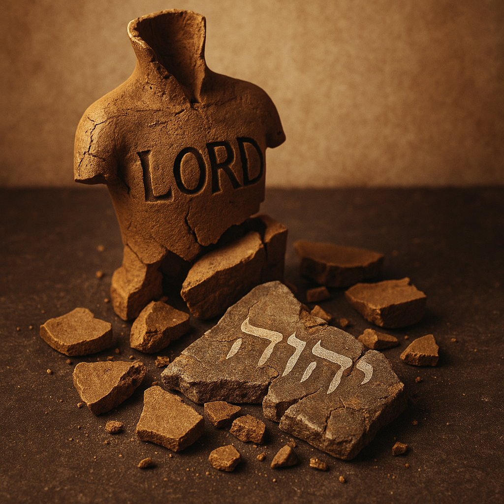Broken statue labeled LORD above shattered stone engraved with Yahuah’s true Name — representing the exchange of truth for tradition, leading to Yahuah's renewed name.