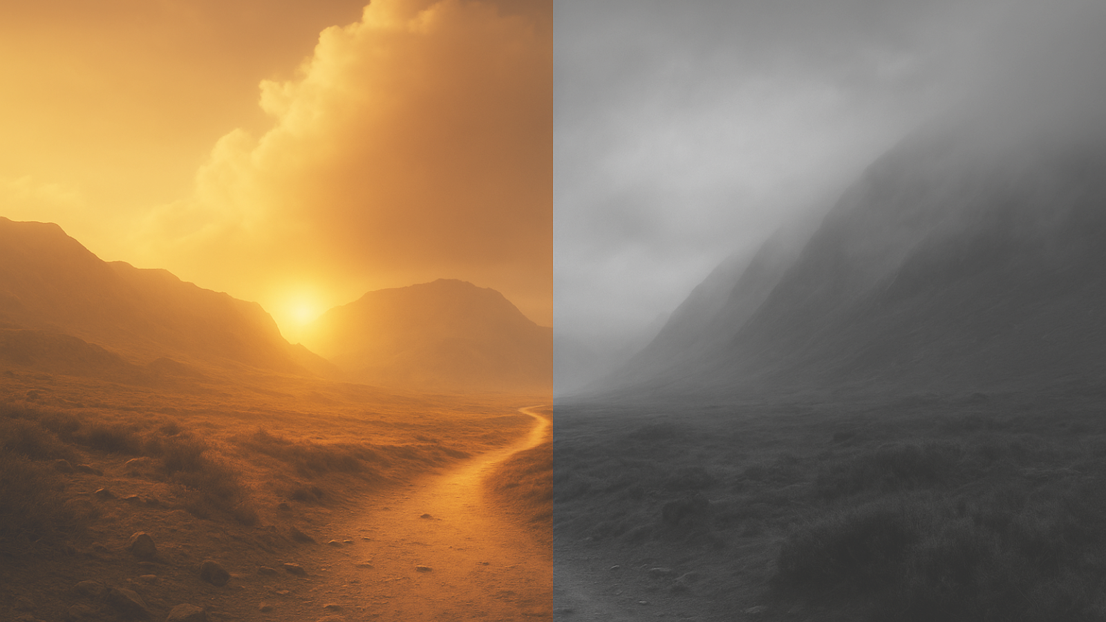 Split landscape showing golden sunlight on one side and gray mist on the other — representing the choice between light and confusion, life and compromise, and coming out of the gray