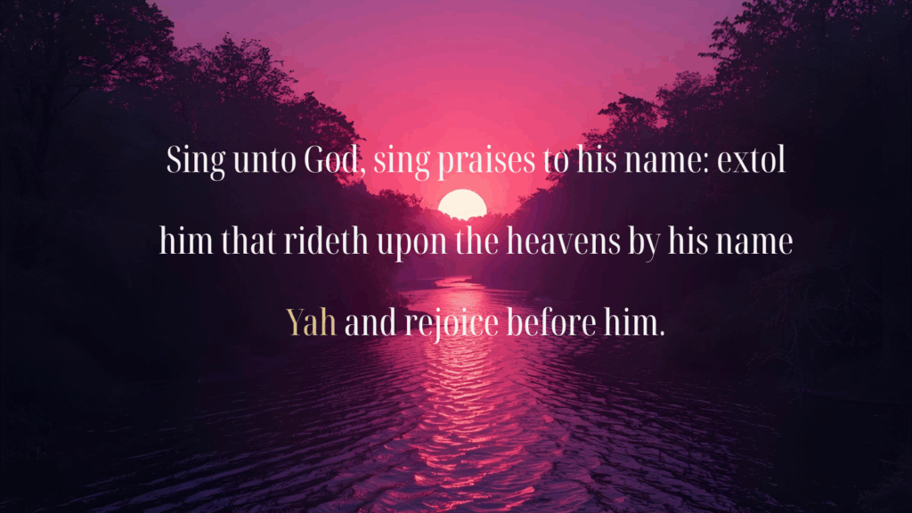Sunset reflecting magenta and violet light over calm waters — Psalm 68:4, the power of Yahuah’s Name.