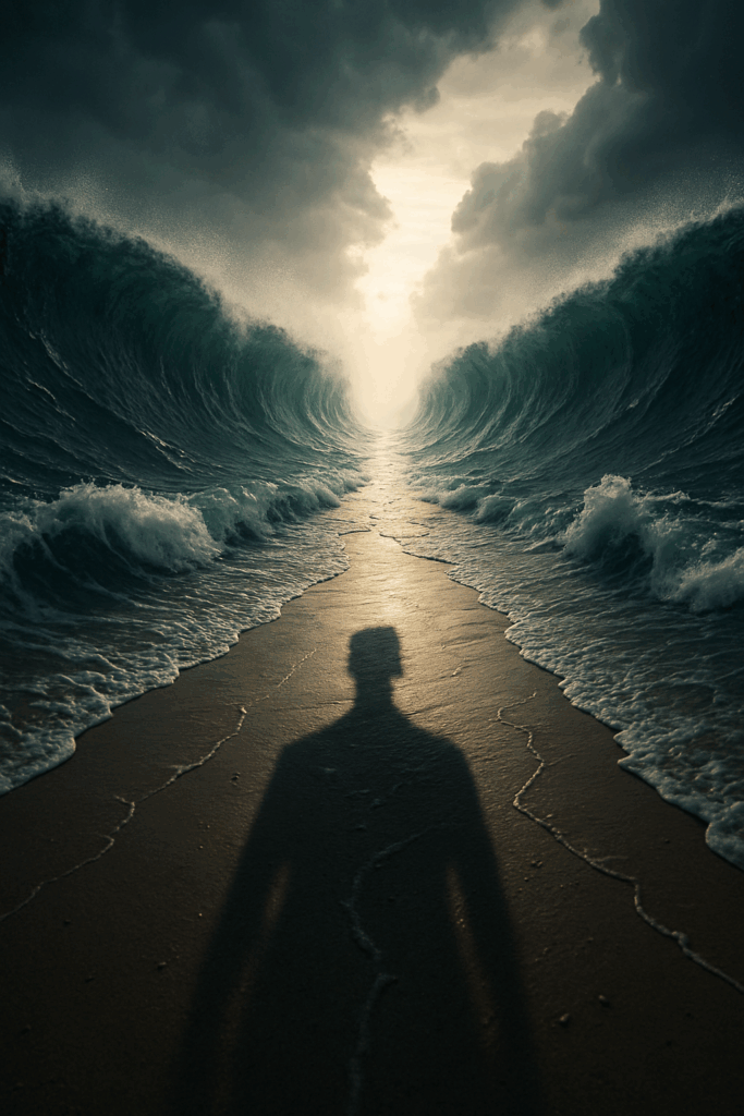A parted sea with waves towering on both sides as a human shadow stretches across the sandy path, symbolizing Yahuah’s power, the scattering of Israel, and the confusion of face described in ancient prophecies.