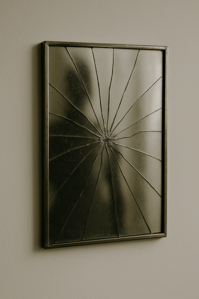 A cracked mirror with fractured reflections, symbolizing the confusion of face, a nation forgetting Yahuah’s Name and calling, and the shattering of identity prophesied in Scripture.