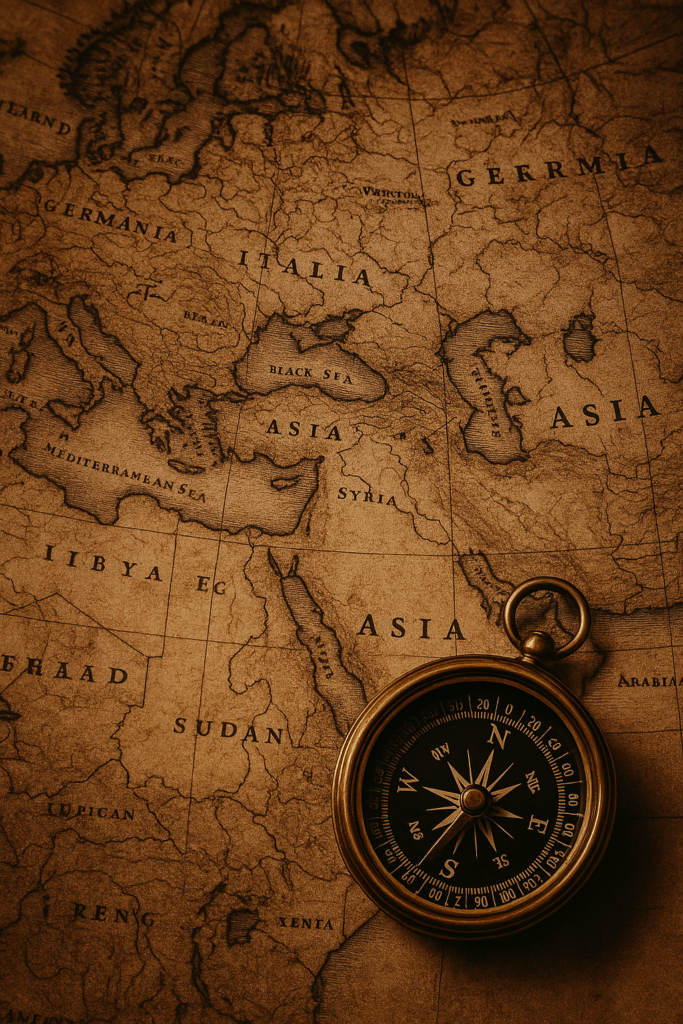 Ancient map and compass representing the scattering of the Northern Kingdom, the so-called Lost Tribes of Israel, their Assyrian exile, and the historical searches for their descendants across distant lands.