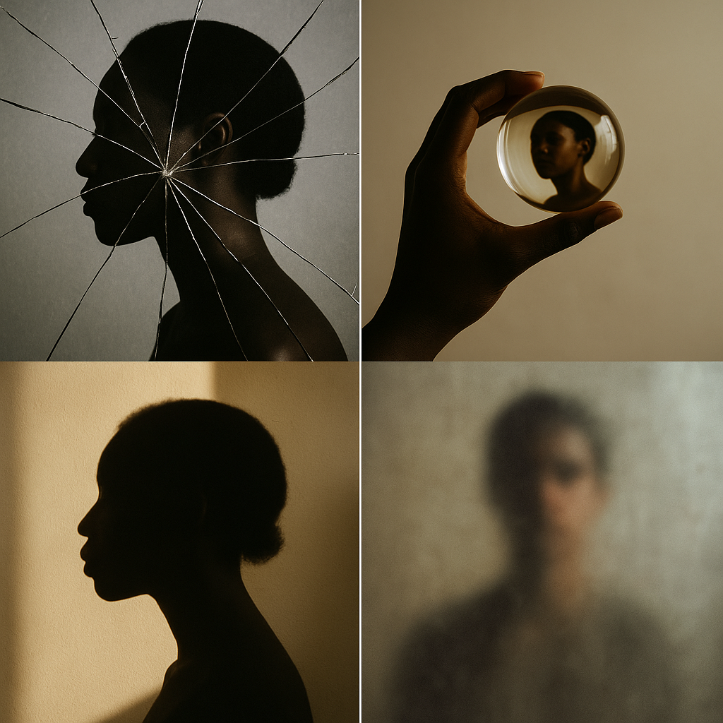 A four-panel collage showing a cracked mirror, a distorted reflection inside a glass orb, a shadowed silhouette, and a blurred face — symbolizing the loss of identity, the confusion of face, the scattering of Israel, and the erasure described in Jeremiah’s prophecy about forgetting the inheritance given by Yahuah.