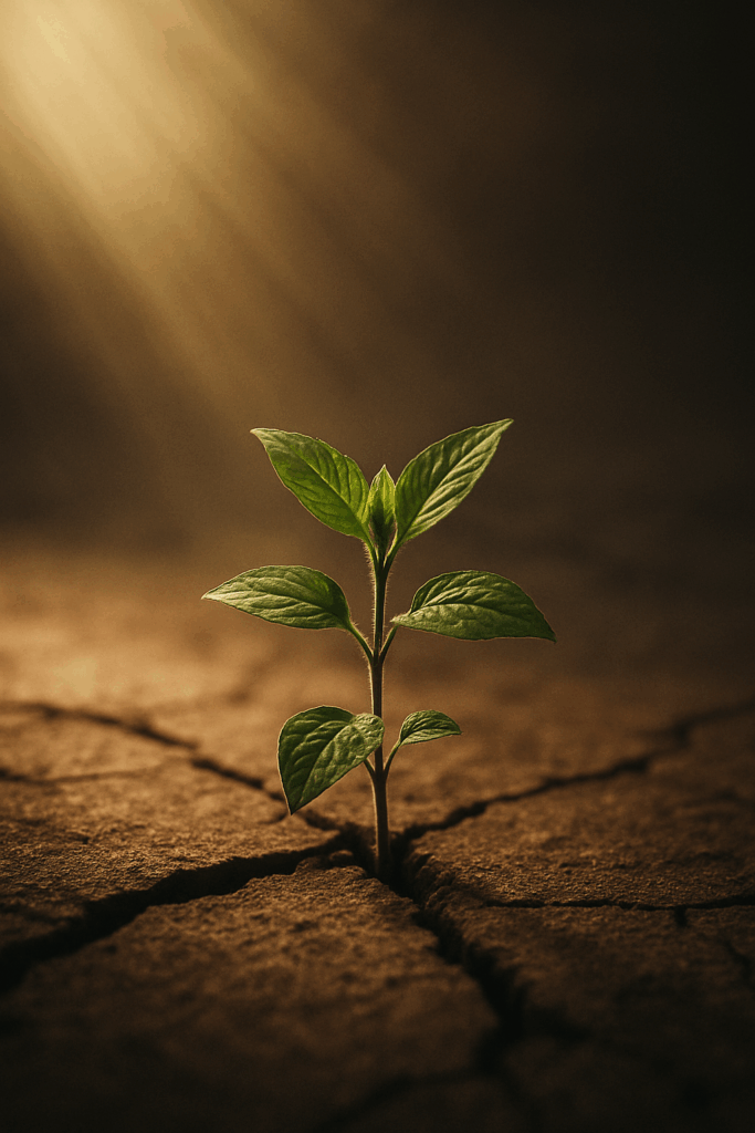 Small green plant growing out of cracked, dry ground as warm light shines down, symbolizing Yahuah restoring a remnant, His faithfulness, and the renewal of identity after generations of substitution.