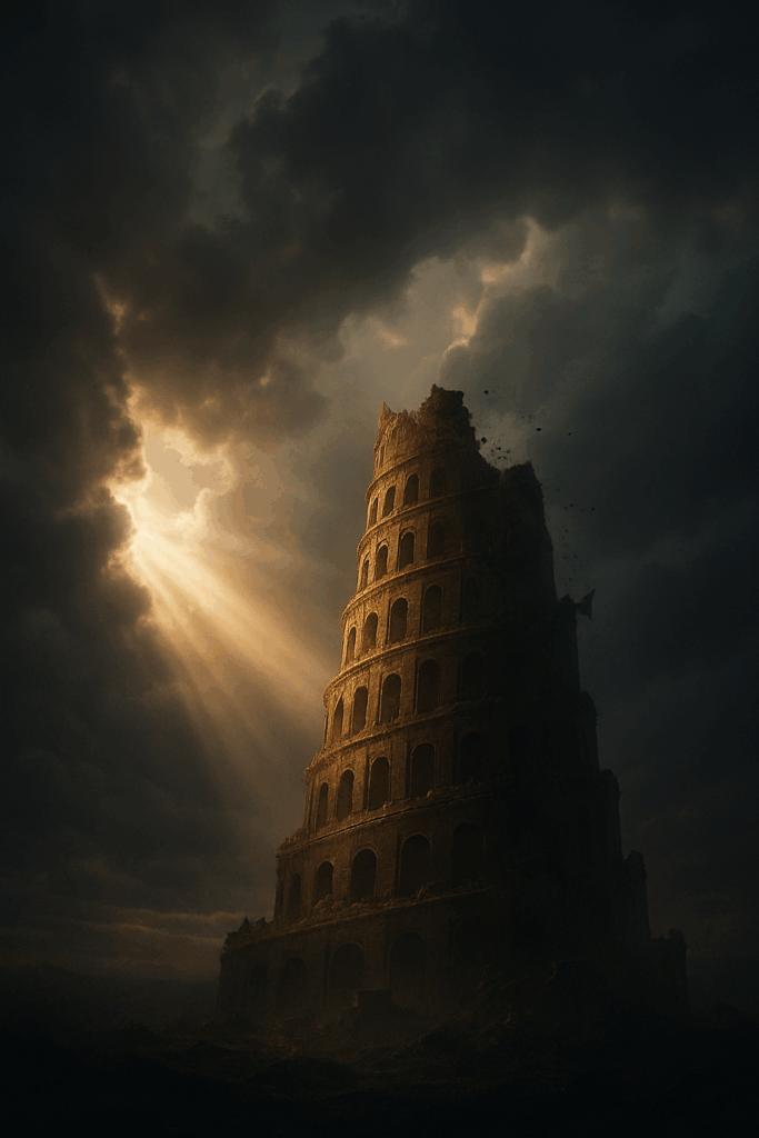 Crumbled ancient tower illuminated by light breaking through dark clouds, representing the moment Yahuah disrupted the Tower of Babel in Genesis 11 to protect the Language of Creation. The image symbolizes the scattering that led to lost Hebrew identity and the later restoration through the True Name of Yahusha.