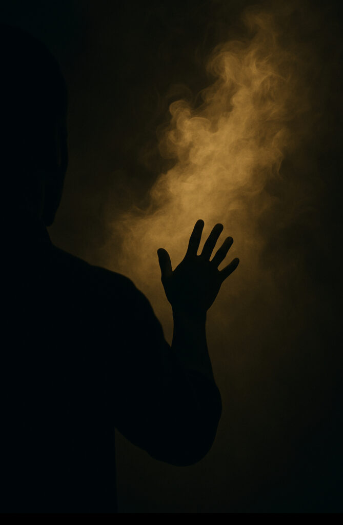 Silhouette of a hand reaching toward swirling purple smoke, symbolizing choosing delusion over truth, the freedom Abba gives to choose, and the danger of desiring the lie described in 2 Thessalonians 2:11.