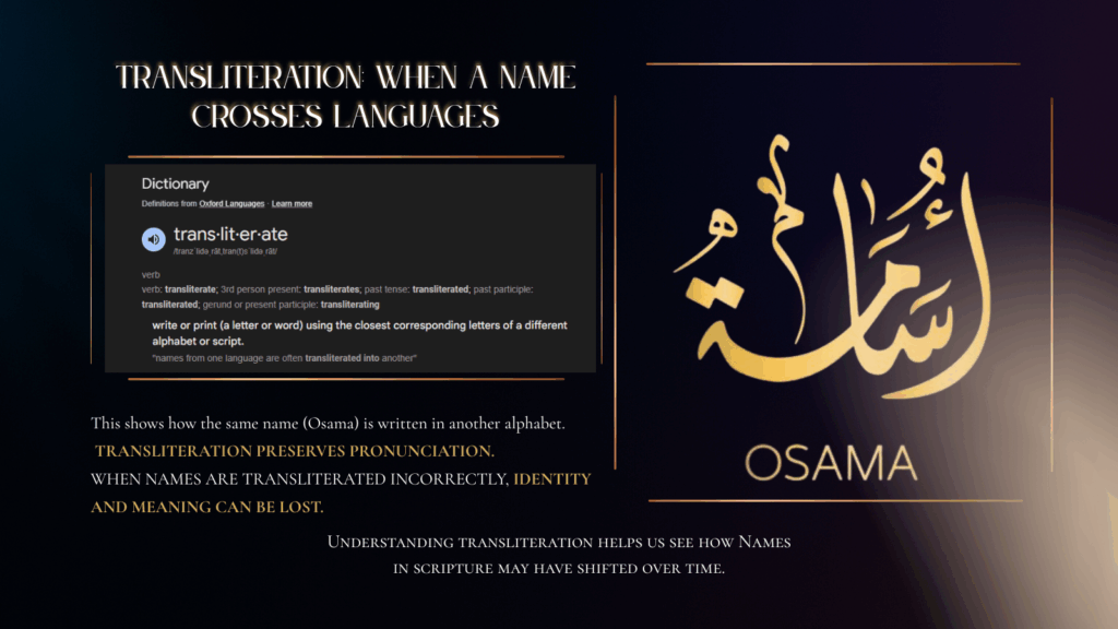 Example of transliteration showing how a name written in another alphabet keeps the same sound when carried into English, illustrating why names should move sound-for-sound instead of being translated.