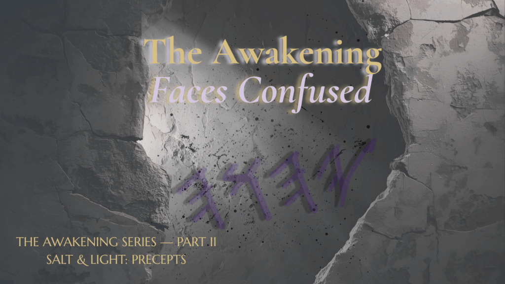 Cracked stone wall with golden light and glowing Hebrew letters symbolizing revelation and the awakening of Yahuah’s people — Confusion of Face series cover.